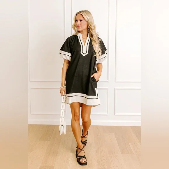 NWT Entro Linen Blend Puff Sleeve Border Dress - Picture 5 of 11